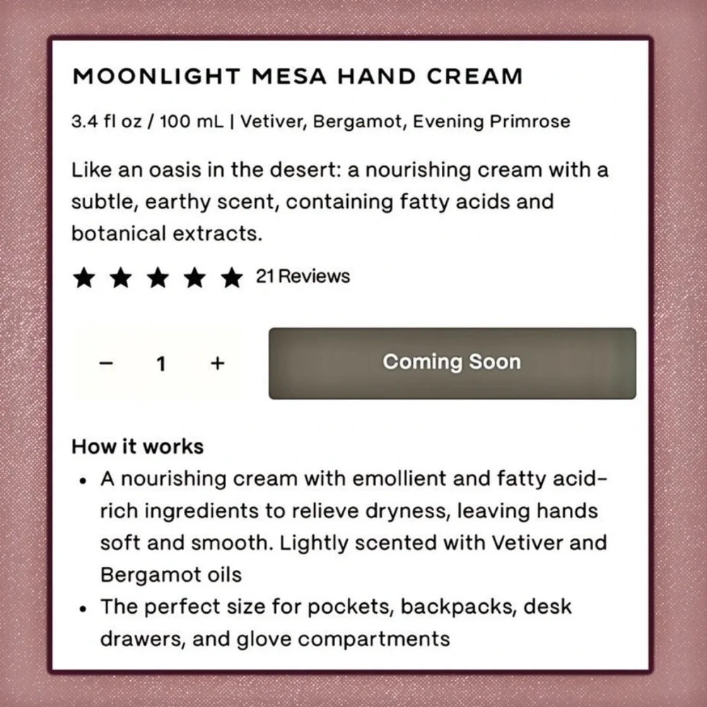 29 PALMS HAND CREAM - Moonlit Mesa Hand Cream - FULL SIZE NEW